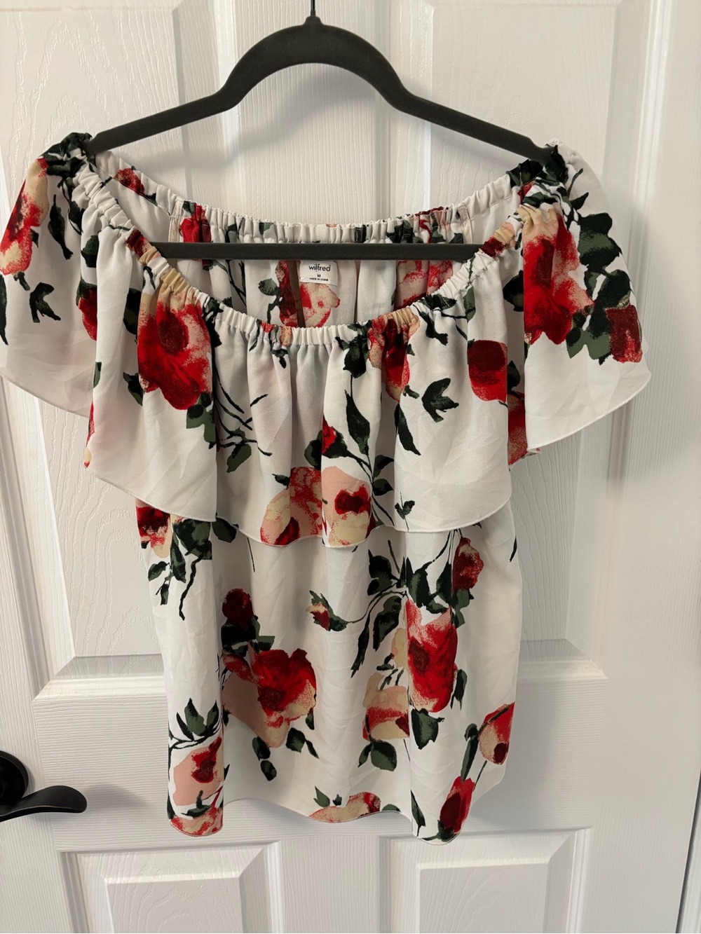 NWOT Wilfred White Off-Shoulder Blouse with Red Floral Print
